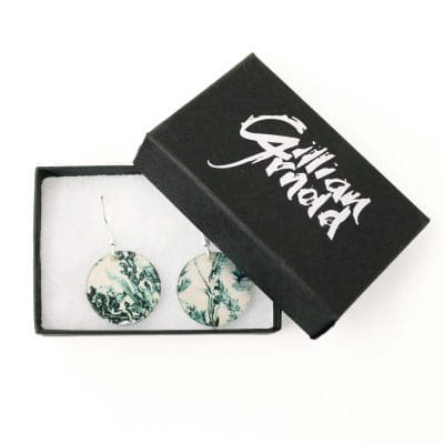 Botanical Inspired Emerald Landscape Round Earring Set. Stylish Jewellery Gift Box