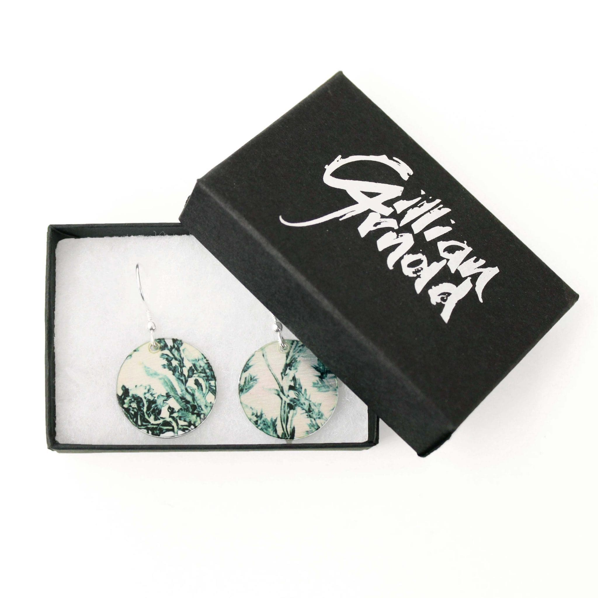 Botanical Inspired Emerald Landscape Round Earring Set. Stylish Jewellery Gift Box