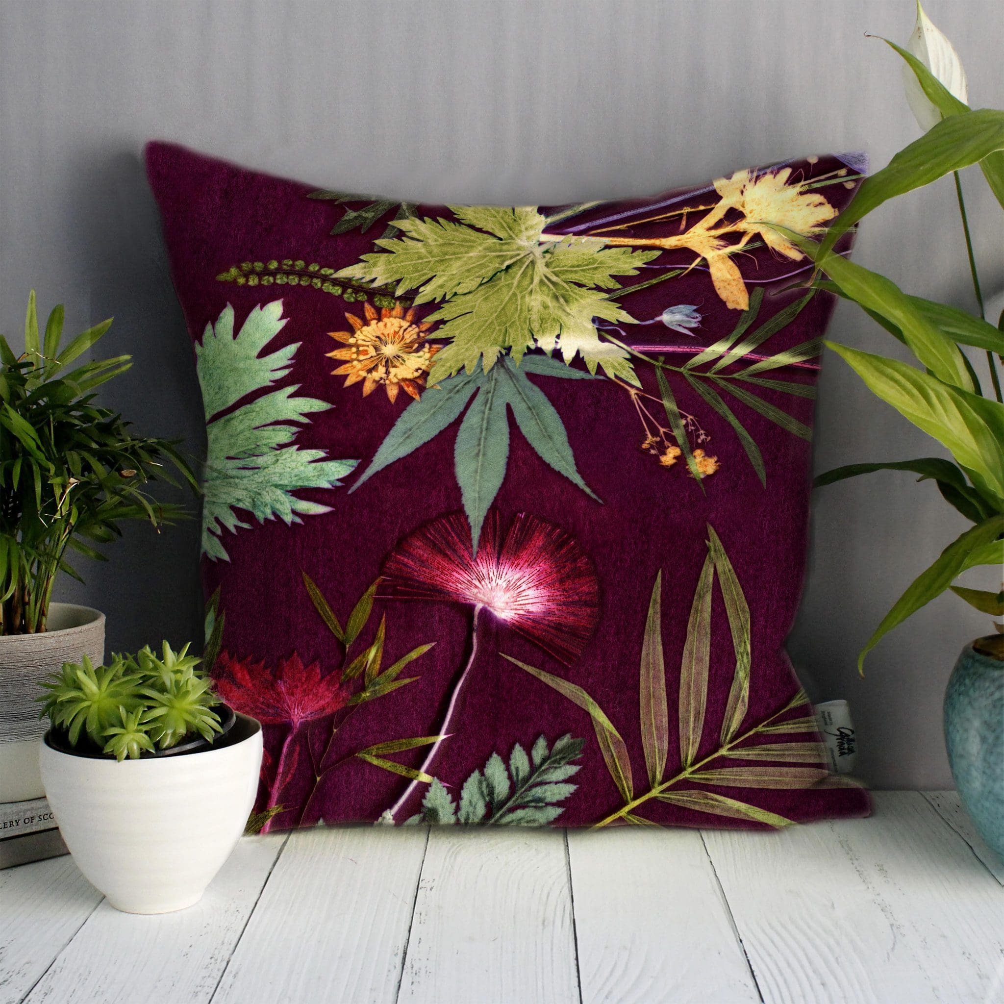Tropical Wine | Red Wine & Green Sofa Cushion Tropical Interior