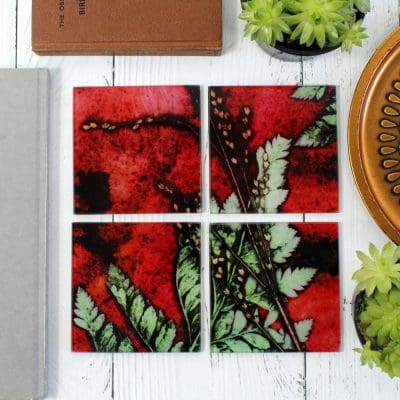 Strawberry Fern | Red & Green Set of Glass Coasters
