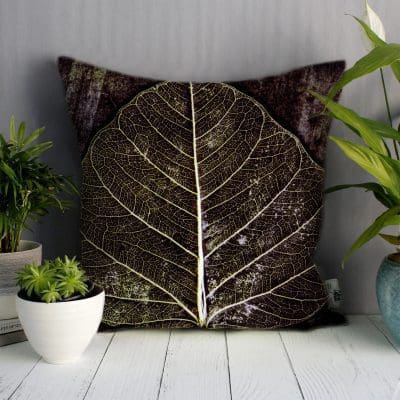 Midnight Skeletal Leaves | Brown & White Sofa Cushion Country Style
