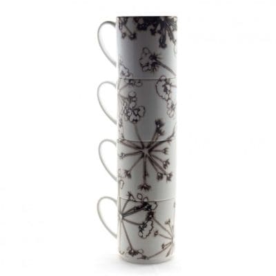 White Spread Cow Parsley | Black & White Stacking Mug, Gift Set of 4