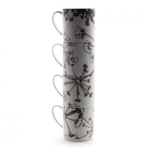 White Spread Cow Parsley | Black & White Stacking Mug, Gift Set of 4
