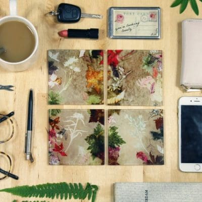 Floral Dance | Green & Brown Set of Glass Coasters