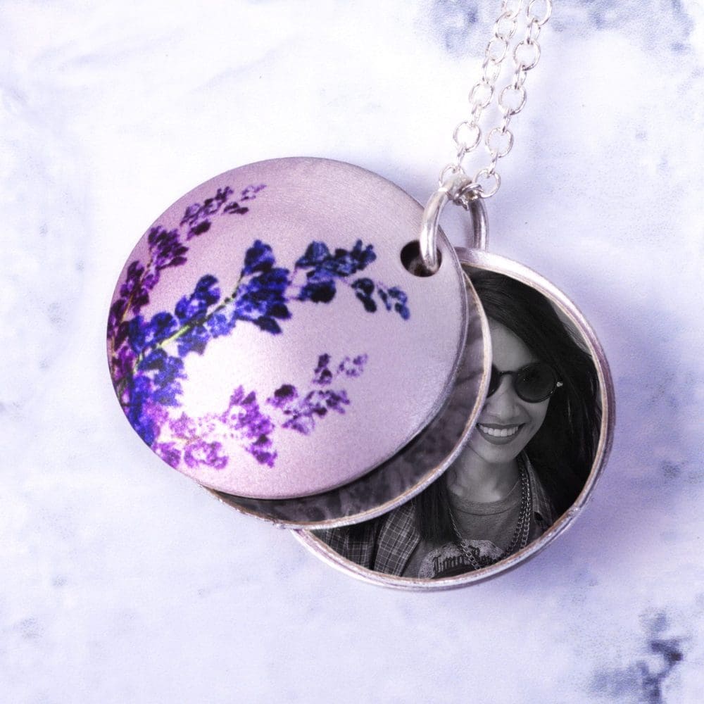 July Delphinium Birth Flower, Personalised Photo Locket Necklace Gift For Her, Beautiful Floral Pendant Jewellery.