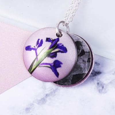 February Iris Birth Flower, Personalised Photo Locket Necklace Gift For Her, Beautiful Floral Pendant Jewellery.