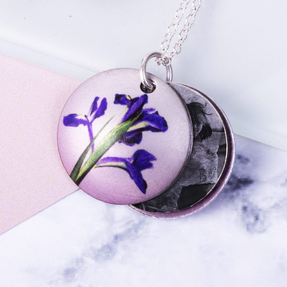 February Iris Birth Flower, Personalised Photo Locket Necklace Gift For Her, Beautiful Floral Pendant Jewellery.