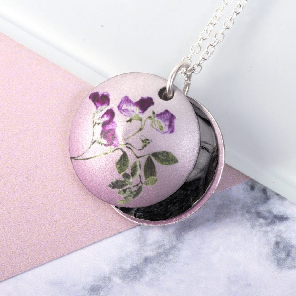 April Sweet Pea Birth Flower, Personalised Photo Locket Necklace Gift For Her, Beautiful Floral Pendant Jewellery.