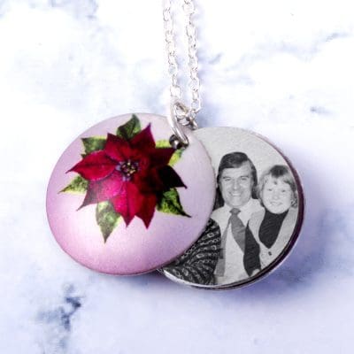 December Poinsettia Birth Flower, Personalised Photo Locket Necklace Gift For Her, Beautiful Floral Pendant Jewellery.
