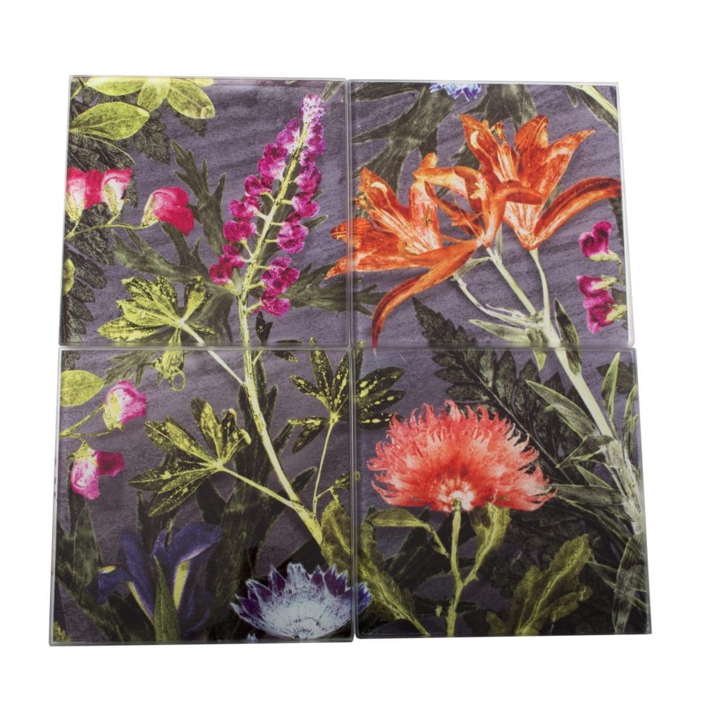 Midnight Bloom | Purple & Orange Set of Glass Coasters