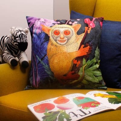 Beautiful Bush Baby | Brown & Blue Sofa Cushion Tropical Interior