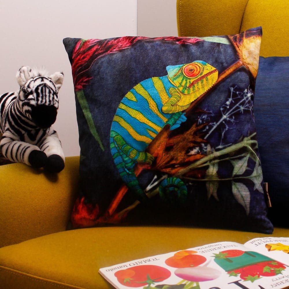 Camouflaged Chameleon | Green & Blue Sofa Cushion Tropical Interior