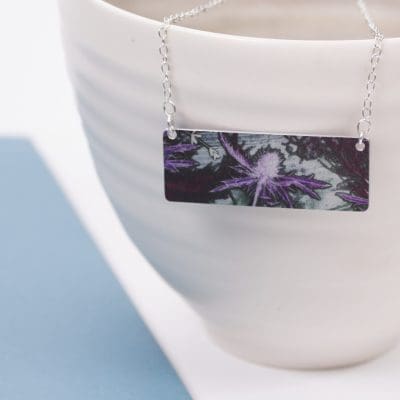 Botanical Inspired Purple Thistle Bar Pendant Necklace