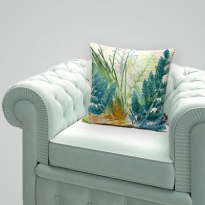 Fading Horizon | Blue/Green & Bronze Sofa Cushion Fern Design