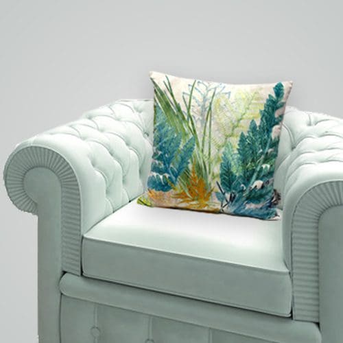 Fading Horizon | Blue/Green & Bronze Sofa Cushion Fern Design