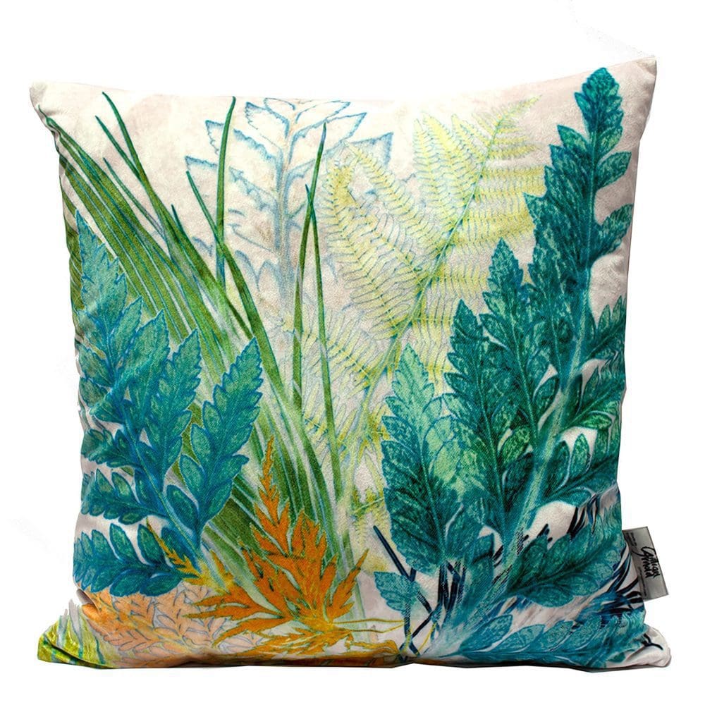 Fading Horizon | Blue/Green & Bronze Sofa Cushion Fern Design - Image 2