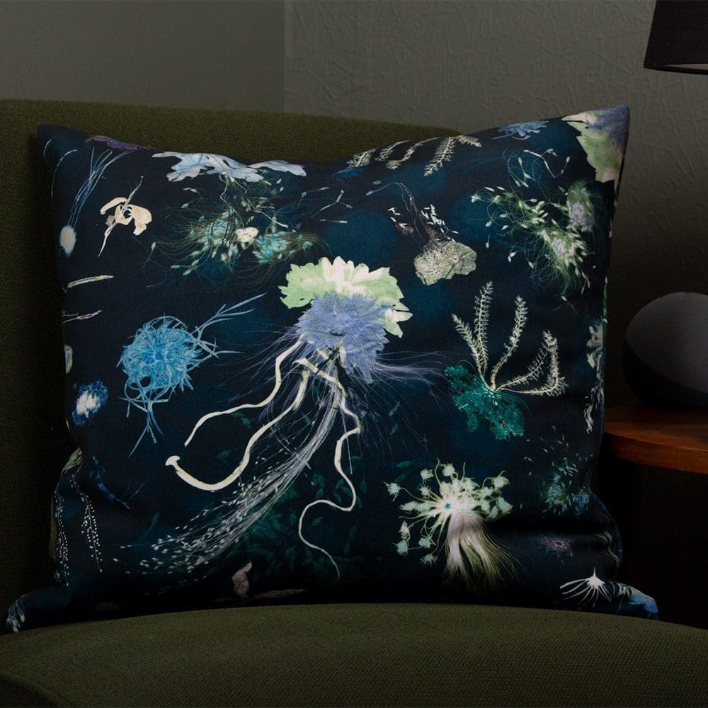 Jellyfish Blue | Underwater | Dark Blue Sea | Floral Print Cushion